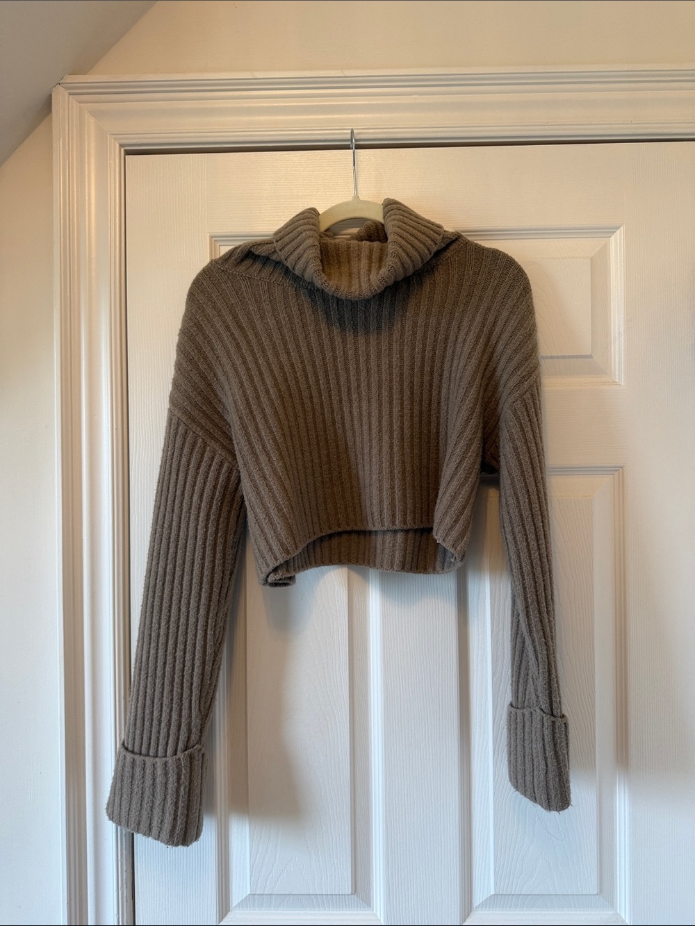Dynamite Cropped Ribbed Turtleneck Sweater - Taupe